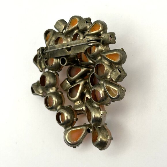 Vintage 1950s Orange Givre Glass Cabochon Arora Borealis Rhinestone Brooch - Picture 6 of 15